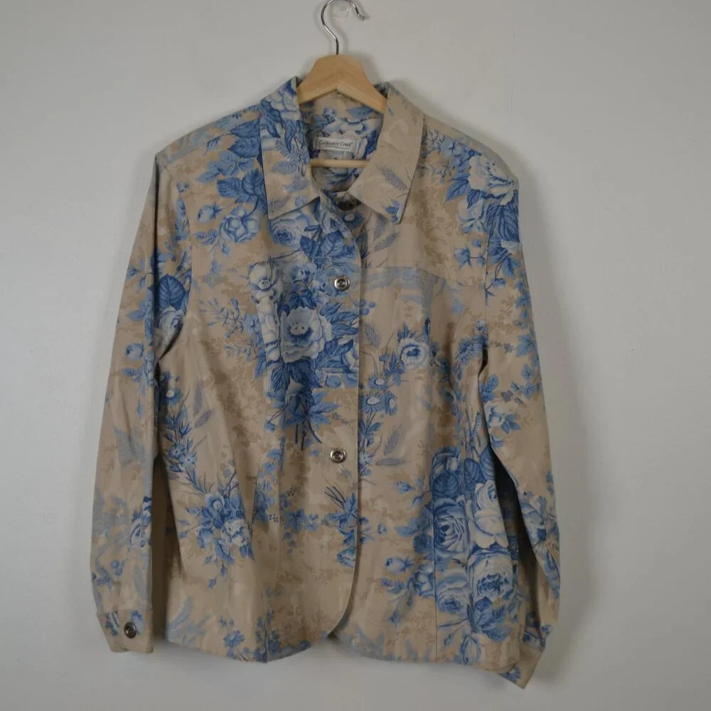 Coldwater Creek Floral Button Down Jacket Womens Blue Tan Denim Blazer Jacket - Picture 1 of 7